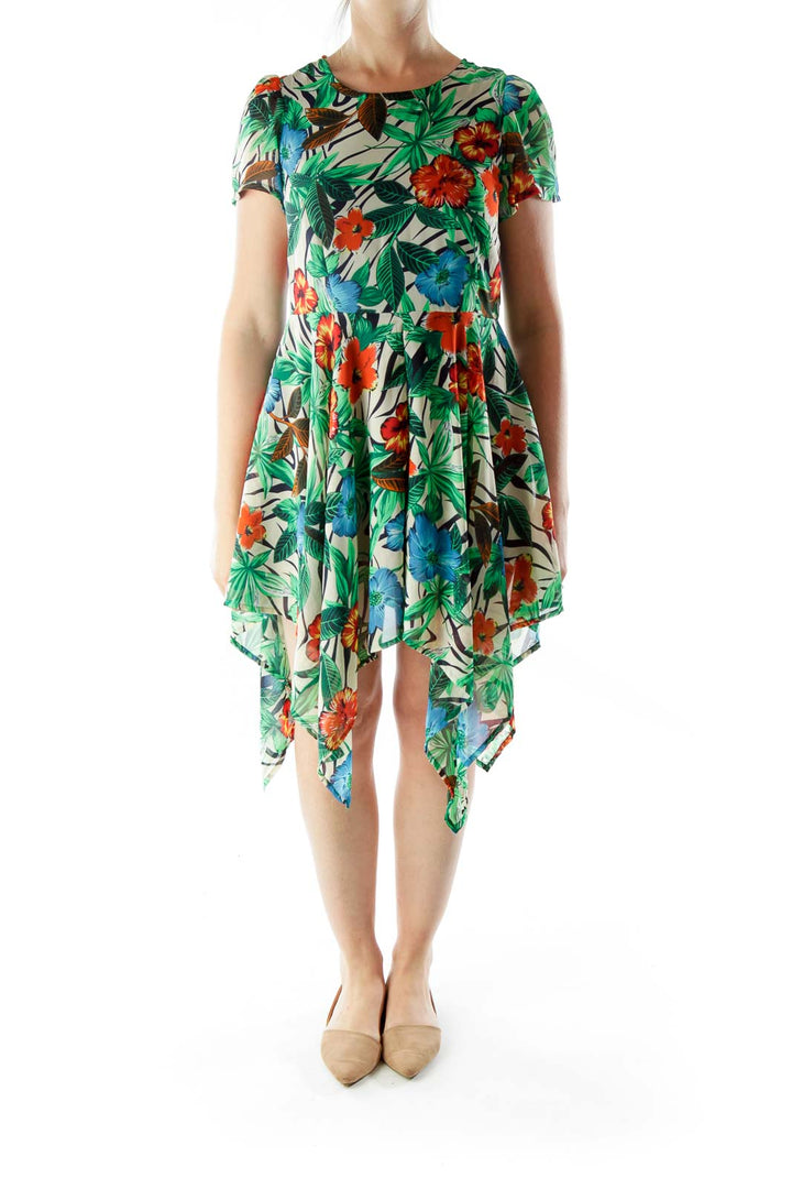 Multicolor Flower Print Asymmetrical Day Dress