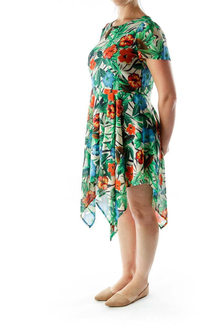 Multicolor Flower Print Asymmetrical Day Dress