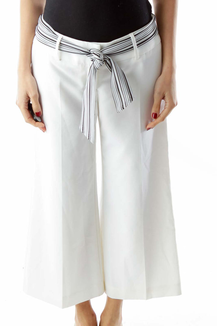 White Black Wide-Leg Pants with Sash