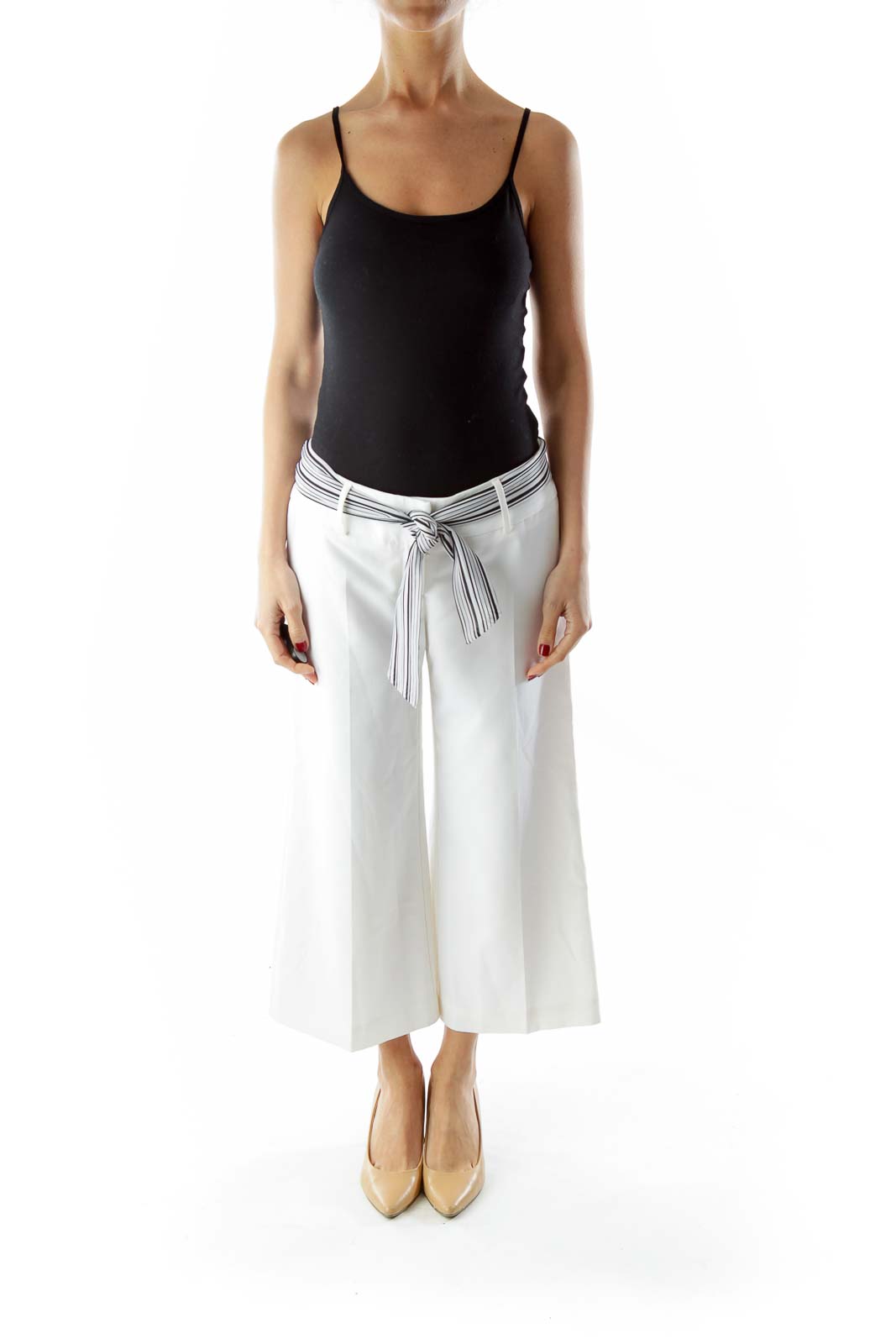 White Black Wide-Leg Pants with Sash