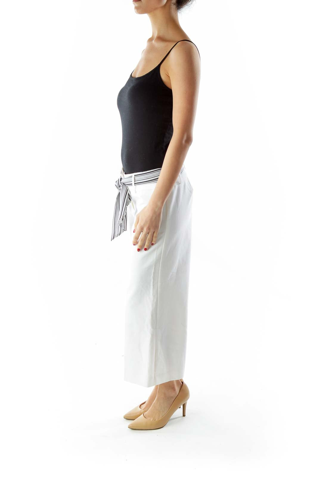 White Black Wide-Leg Pants with Sash