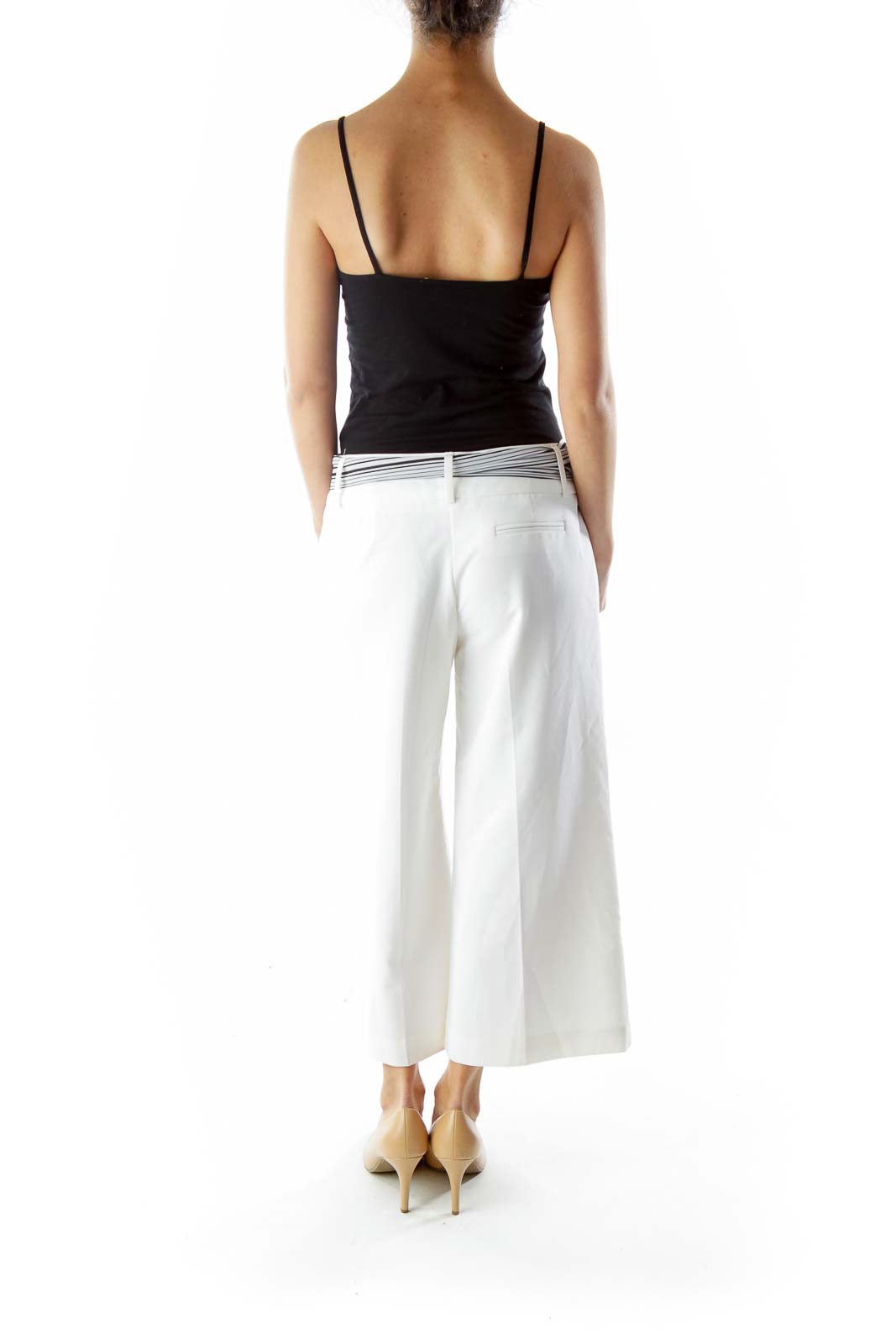 White Black Wide-Leg Pants with Sash