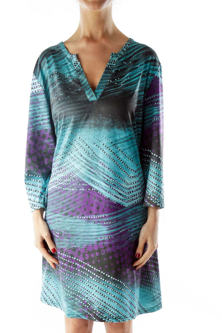 Blue Black Purple V-Neck Print Day Dress