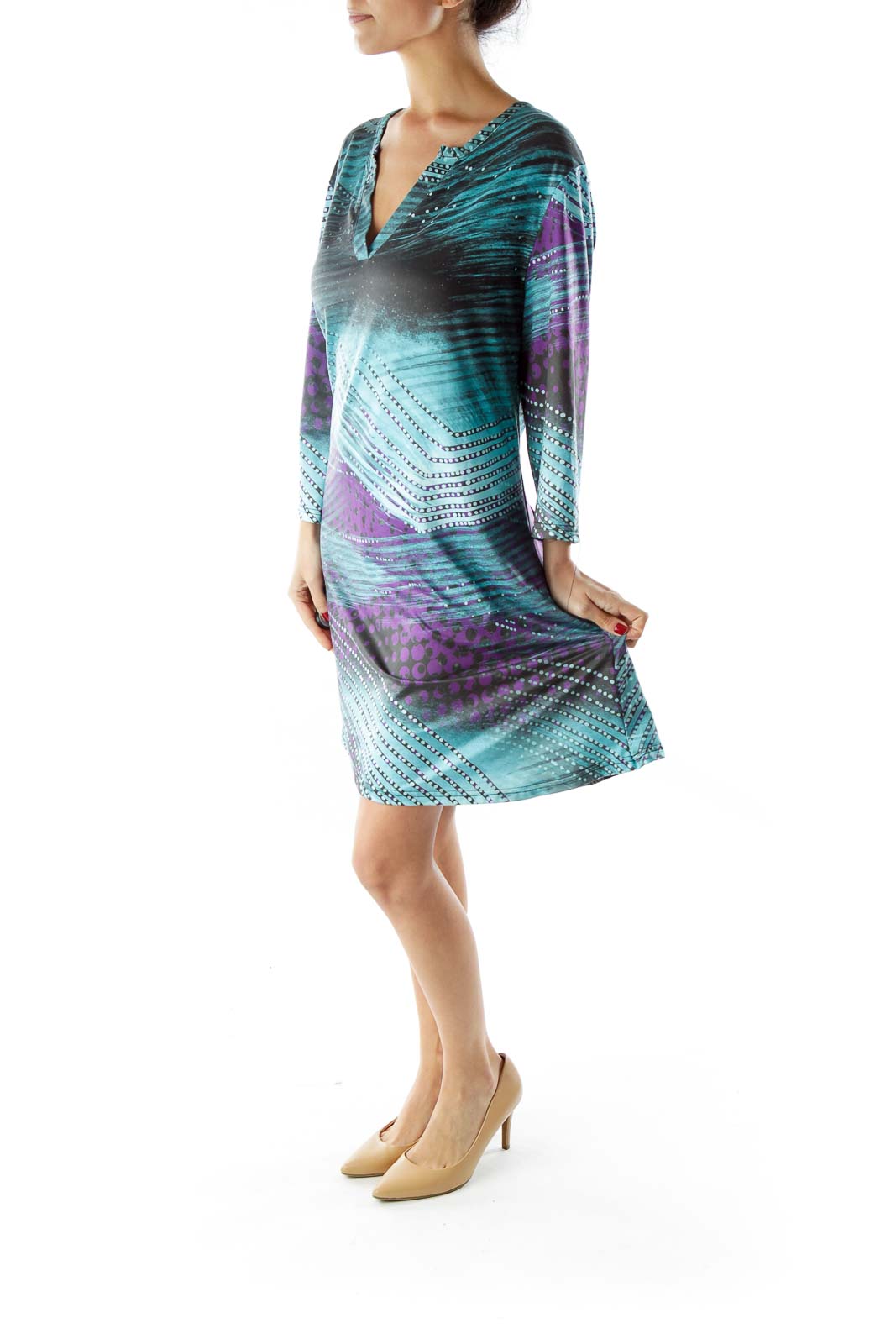 Blue Black Purple V-Neck Print Day Dress