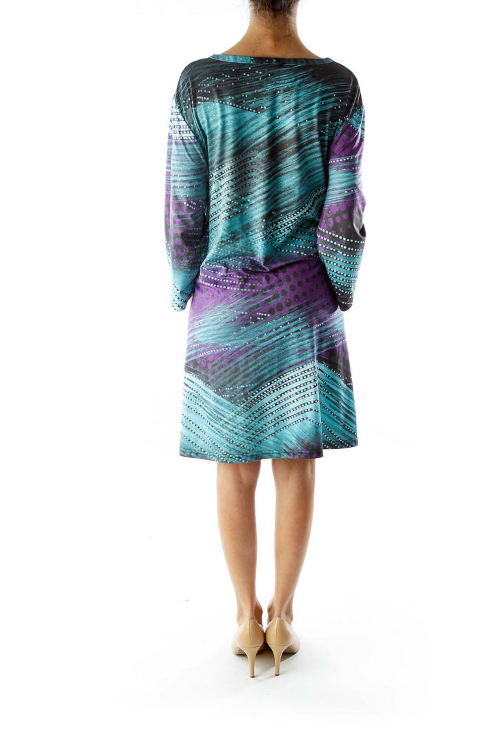 Blue Black Purple V-Neck Print Day Dress