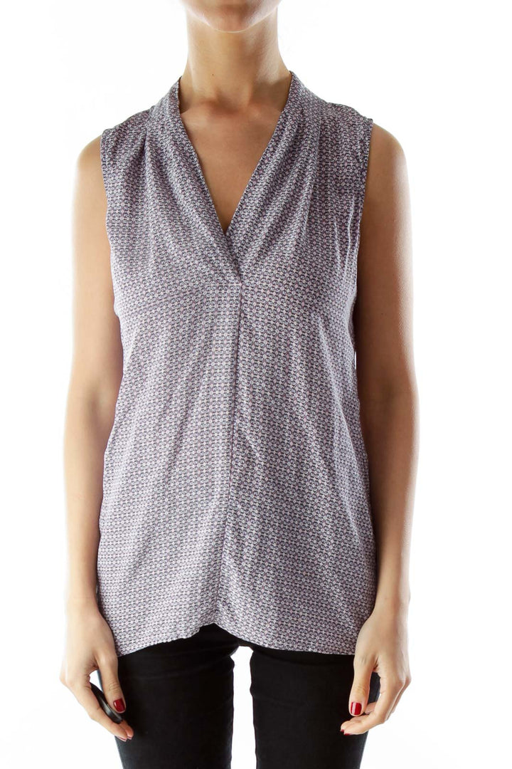 Black White Pink Silk Geometric V-Neck Sleeveless Blouse