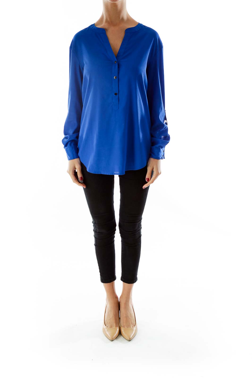 Cobalt V-Neck  Buttoned Loose Blouse