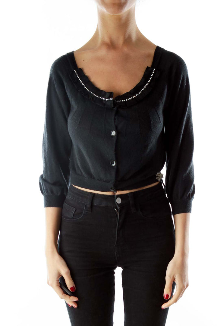 Black Cropped Beaded Wool Cardigan