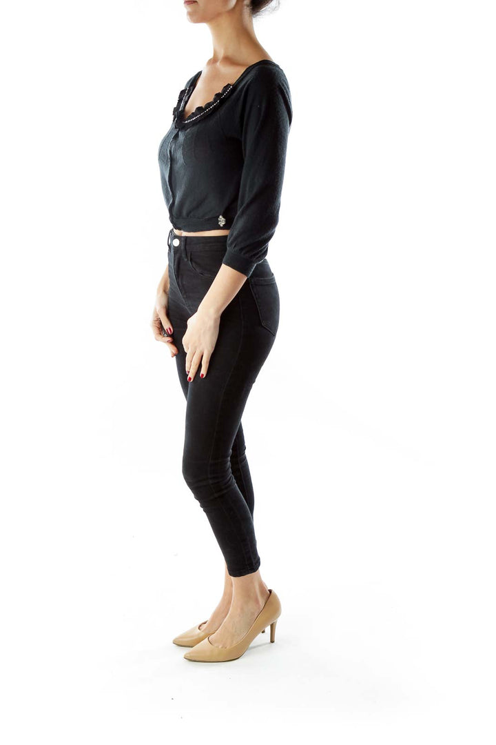 Black Cropped Beaded Wool Cardigan