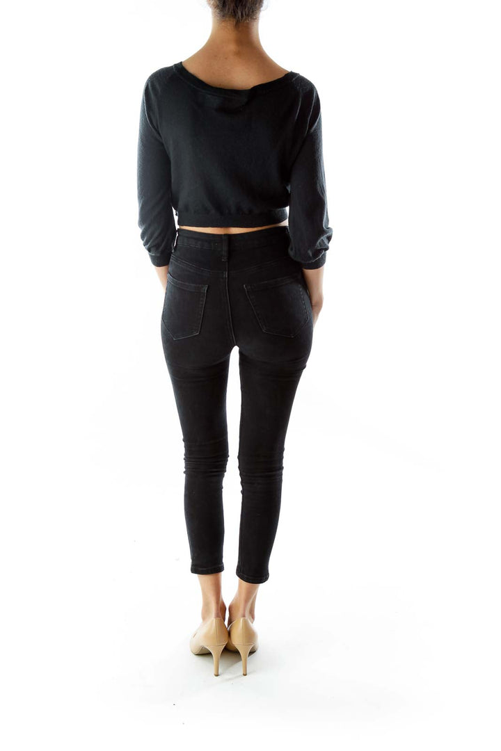 Black Cropped Beaded Wool Cardigan