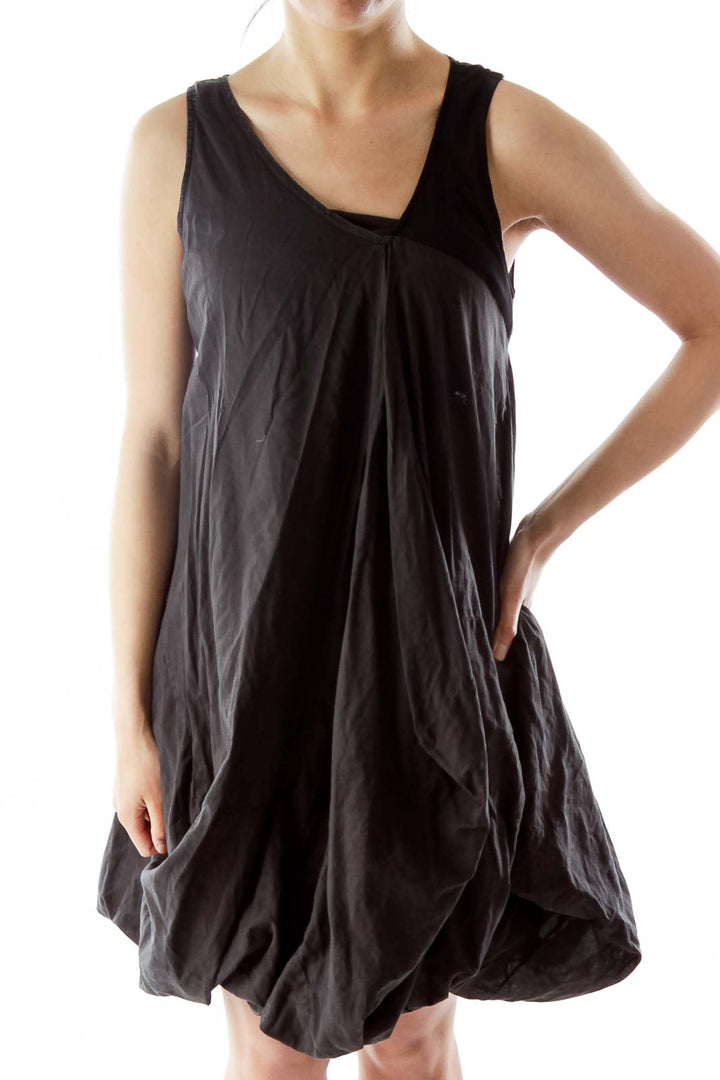 Black V-Neck Puffy Day Dress