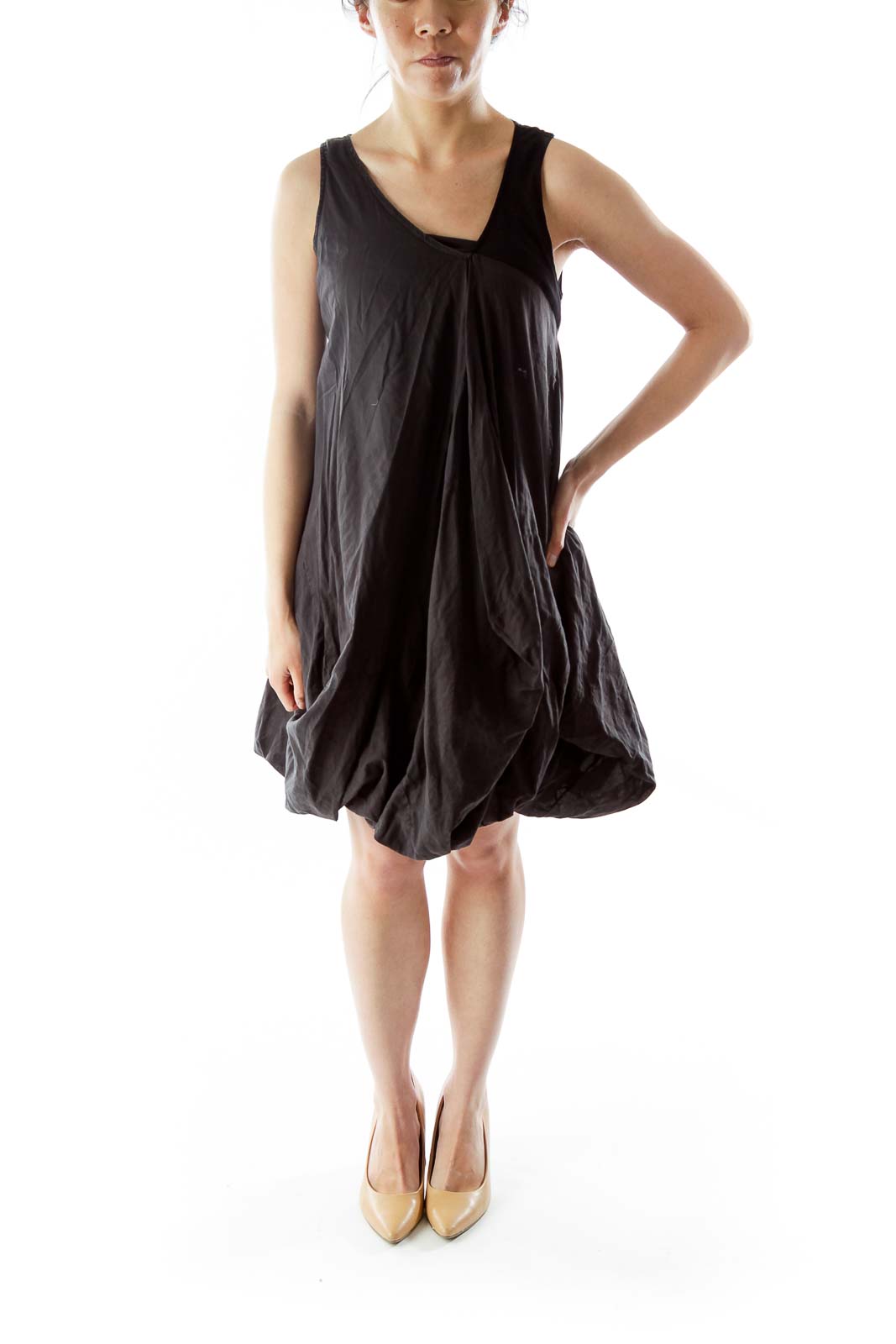 Black V-Neck Puffy Day Dress