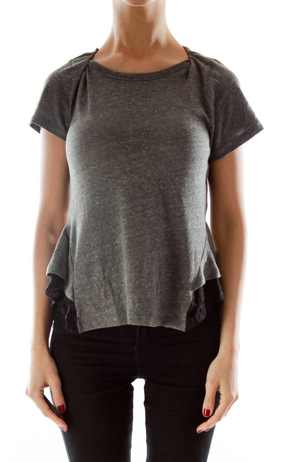 Front view of gray Free People t-shirt with pleated shoulders