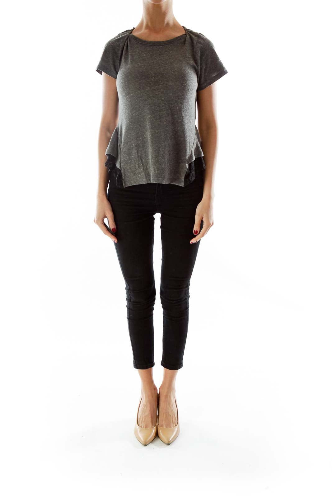 Front view of gray Free People t-shirt with pleated shoulders