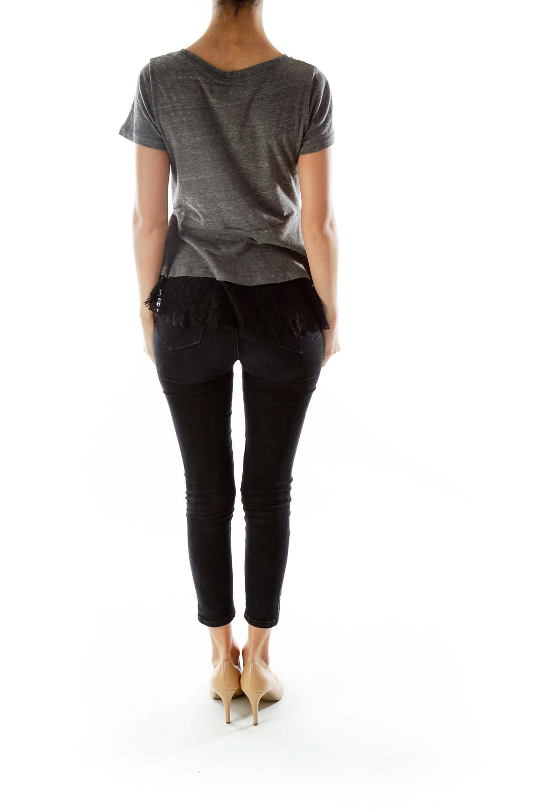 Back view of gray Free People t-shirt with flared hemline