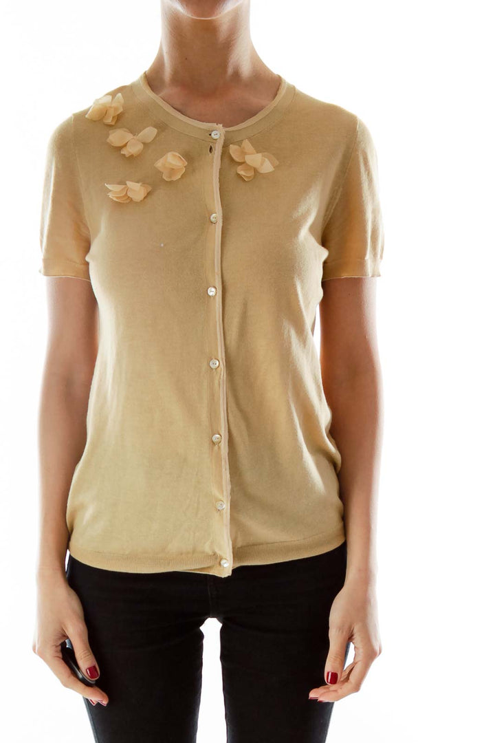 Beige Flower Textured Knit Top