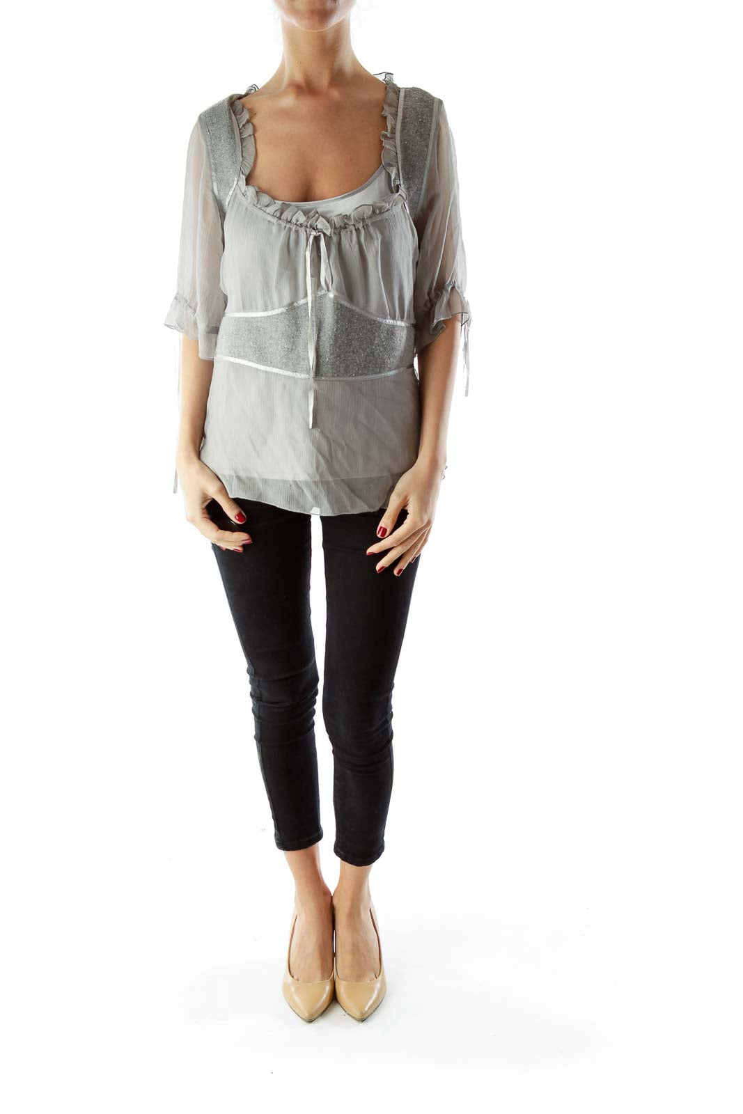 Gray Wool Silk Layered Blouse with Sash