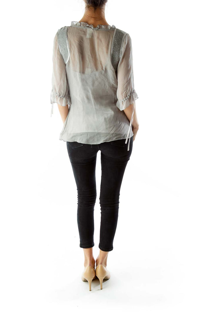 Gray Wool Silk Layered Blouse with Sash