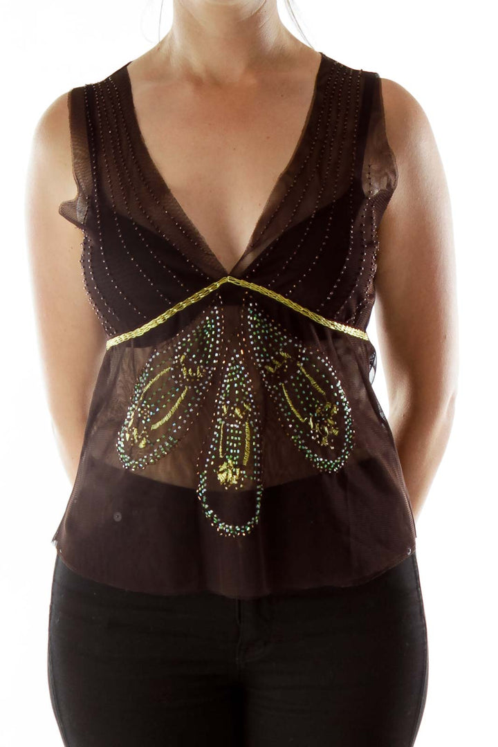 Brown Beaded See-Through Blouse