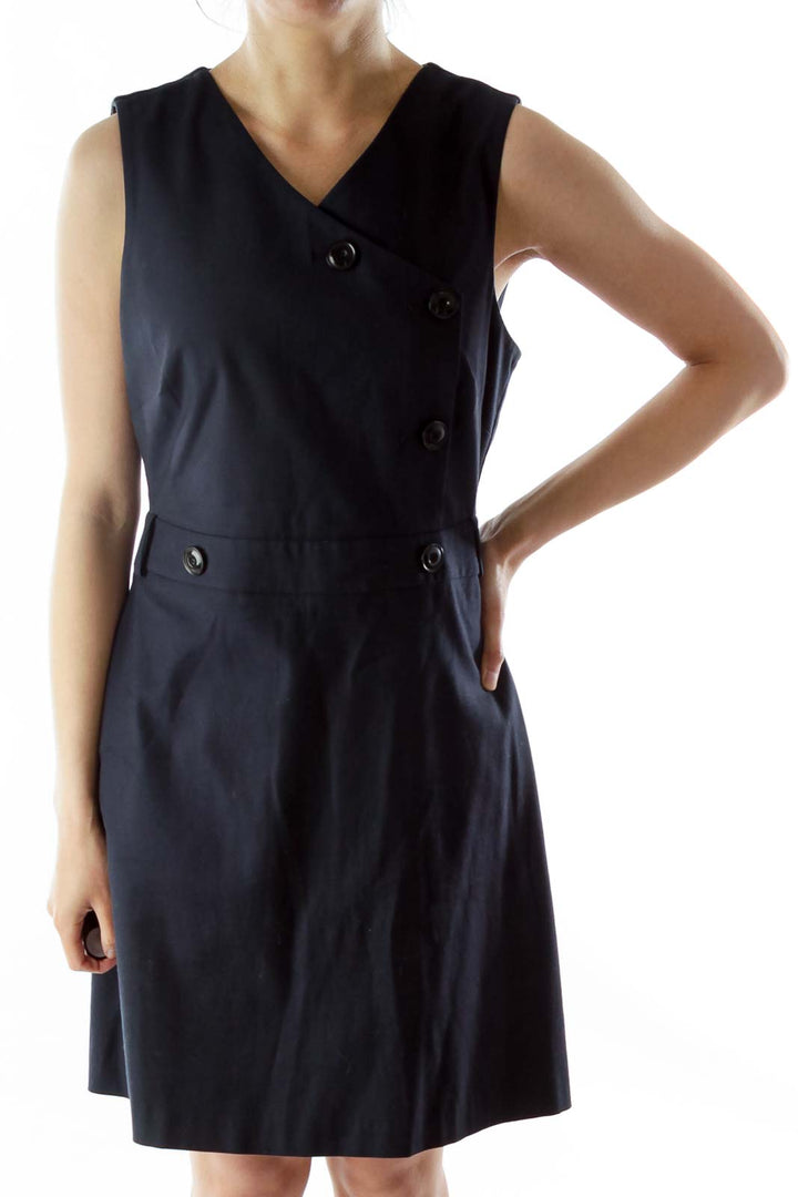 Navy Buttoned V-Neck Sleeveless A-Line Dress