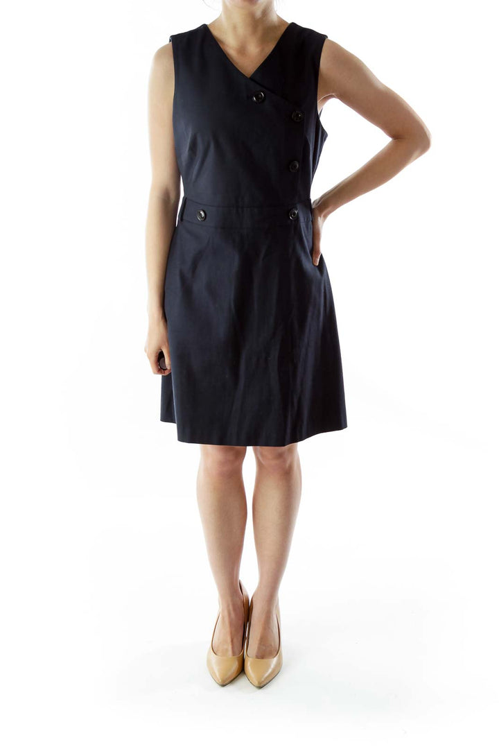 Navy Buttoned V-Neck Sleeveless A-Line Dress