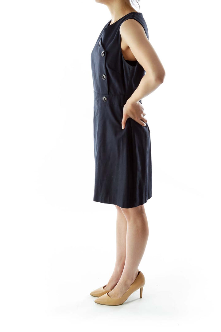 Navy Buttoned V-Neck Sleeveless A-Line Dress