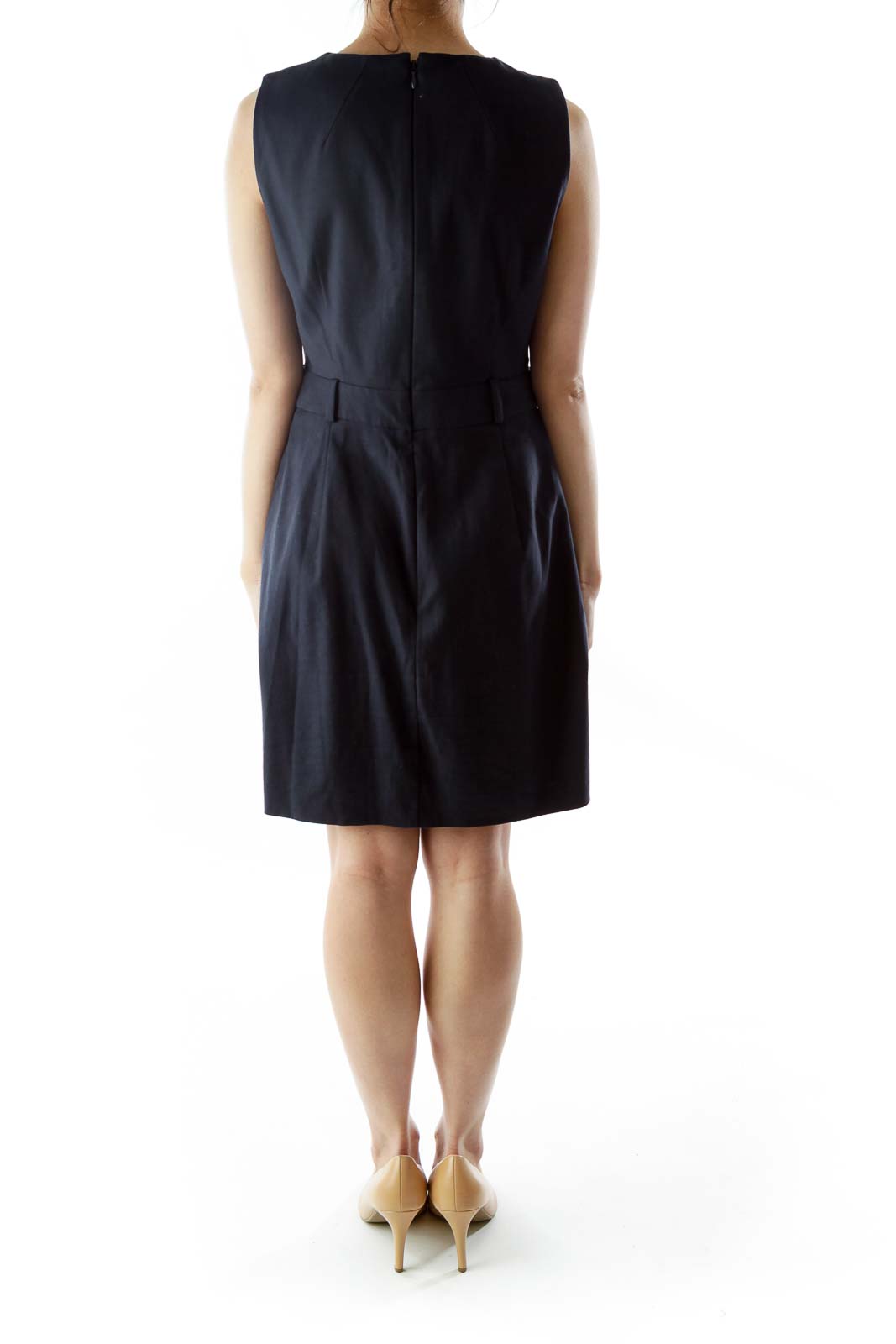 Navy Buttoned V-Neck Sleeveless A-Line Dress