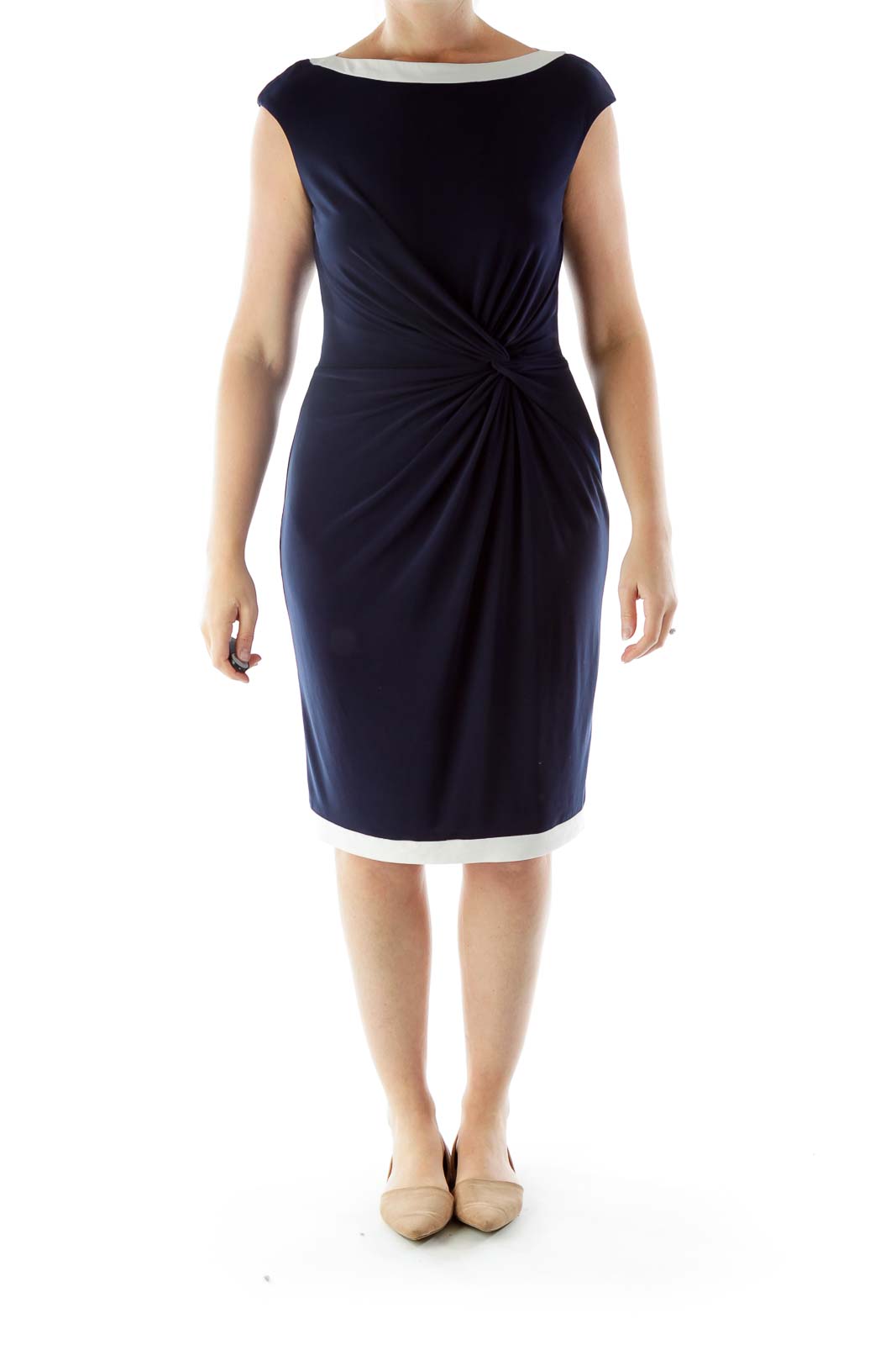 Navy Work Dress with Knot Detail and White Trim