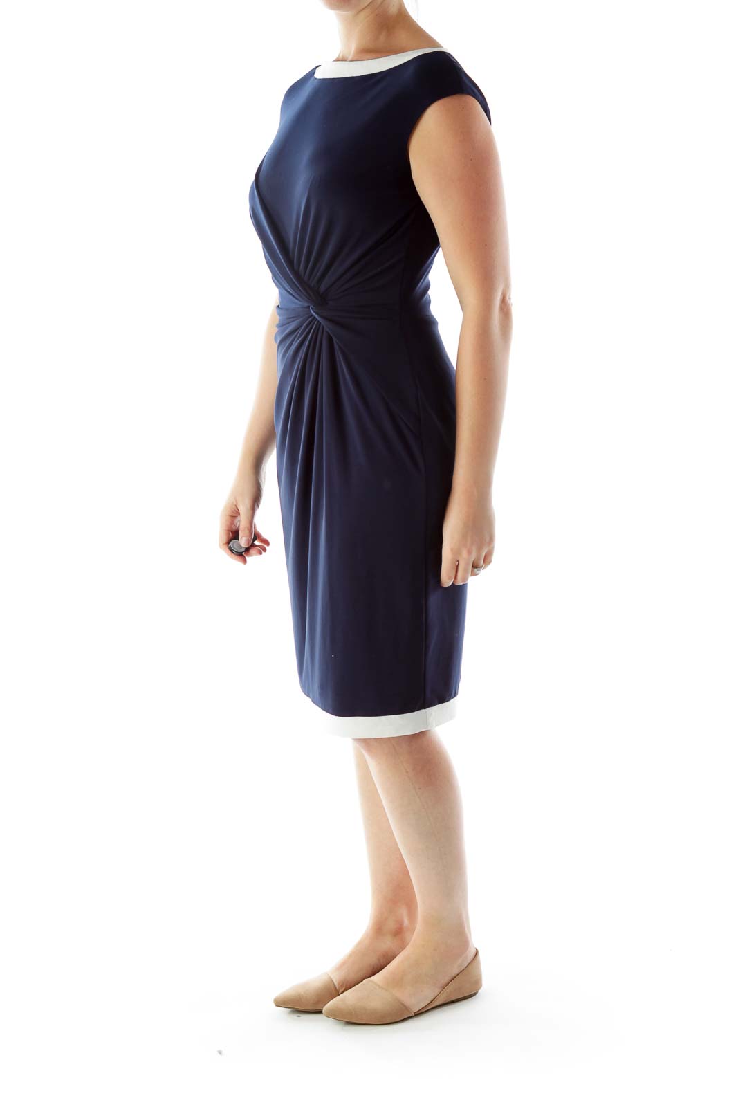 Navy Work Dress with Knot Detail and White Trim