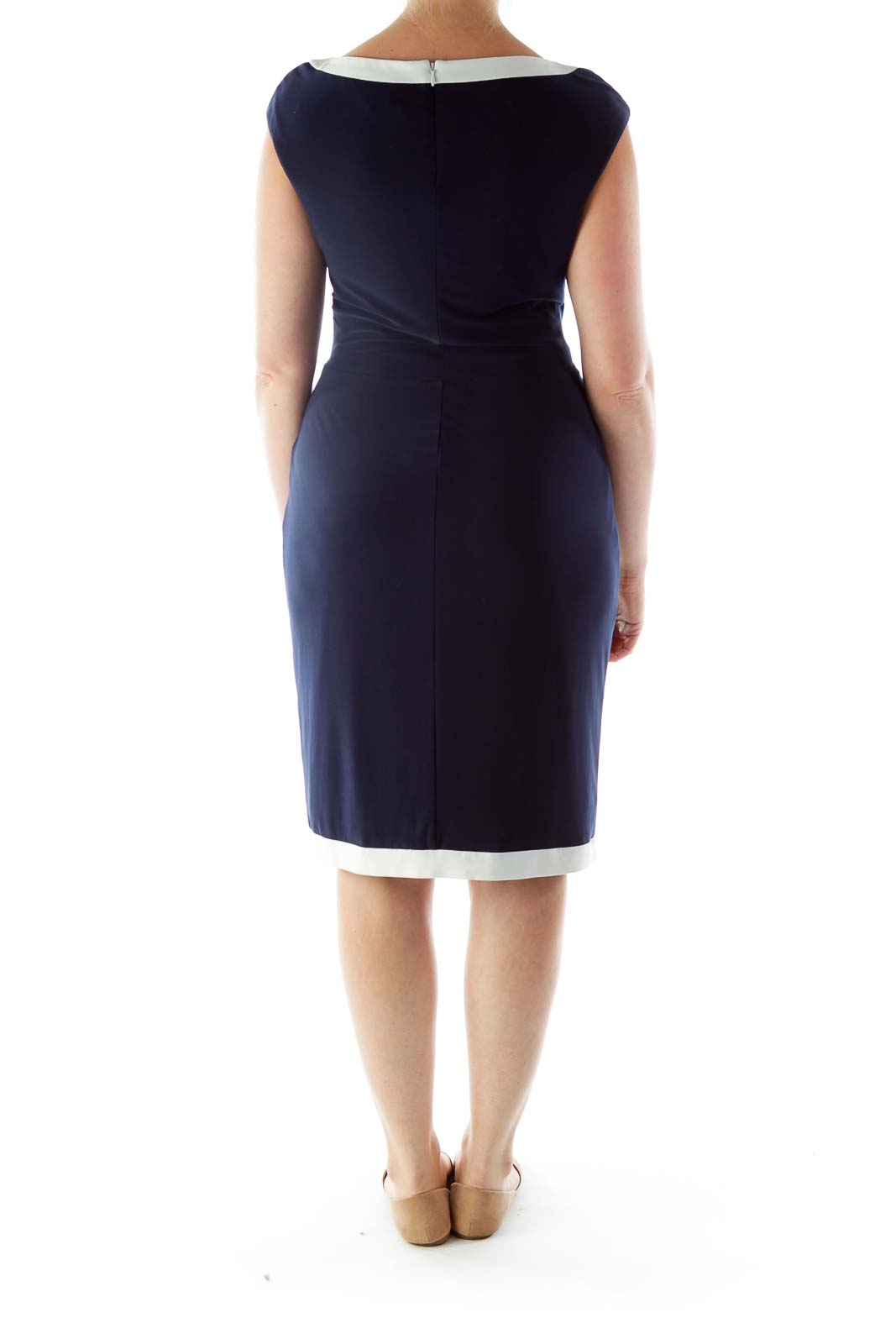 Navy Work Dress with Knot Detail and White Trim