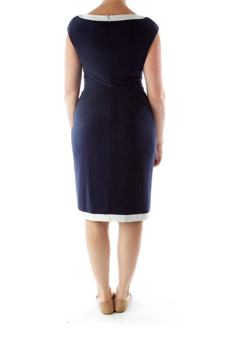 Navy Work Dress with Knot Detail and White Trim