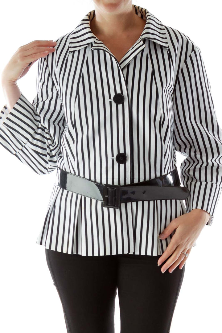 Black White Striped Belted Jacket