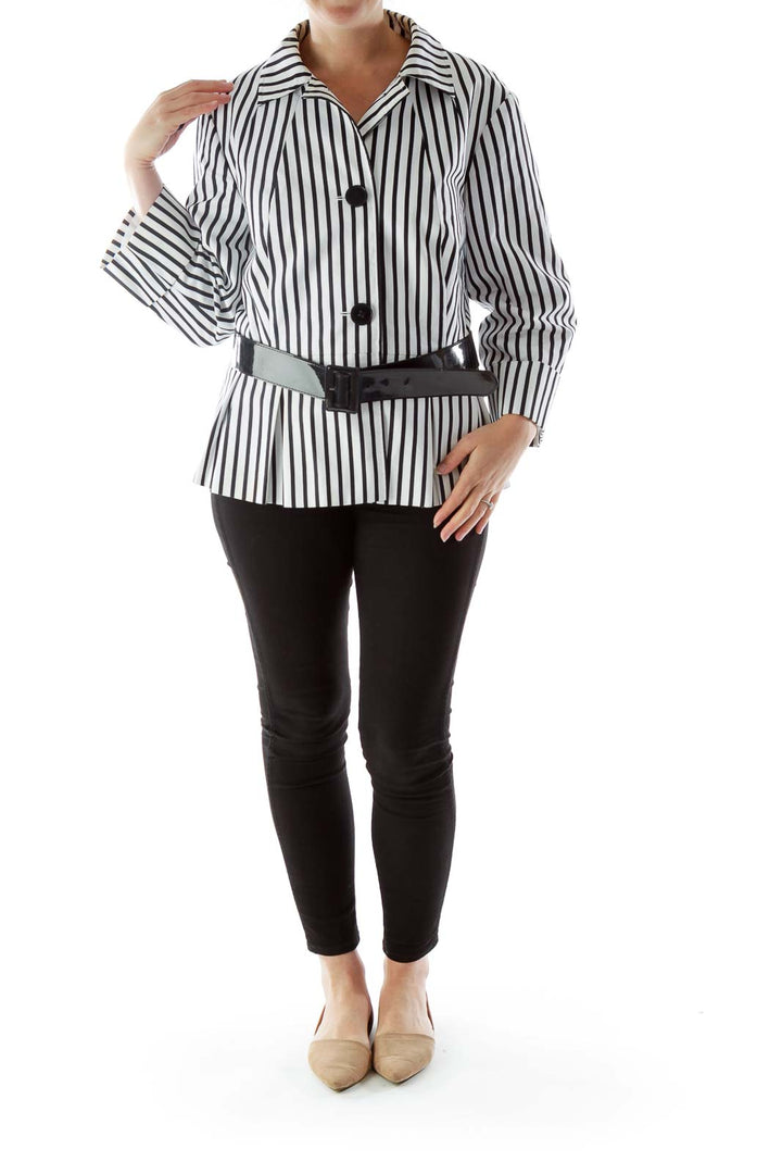 Black White Striped Belted Jacket