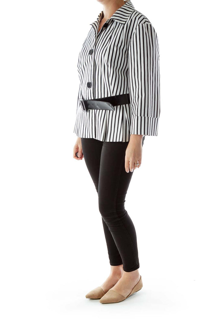 Black White Striped Belted Jacket