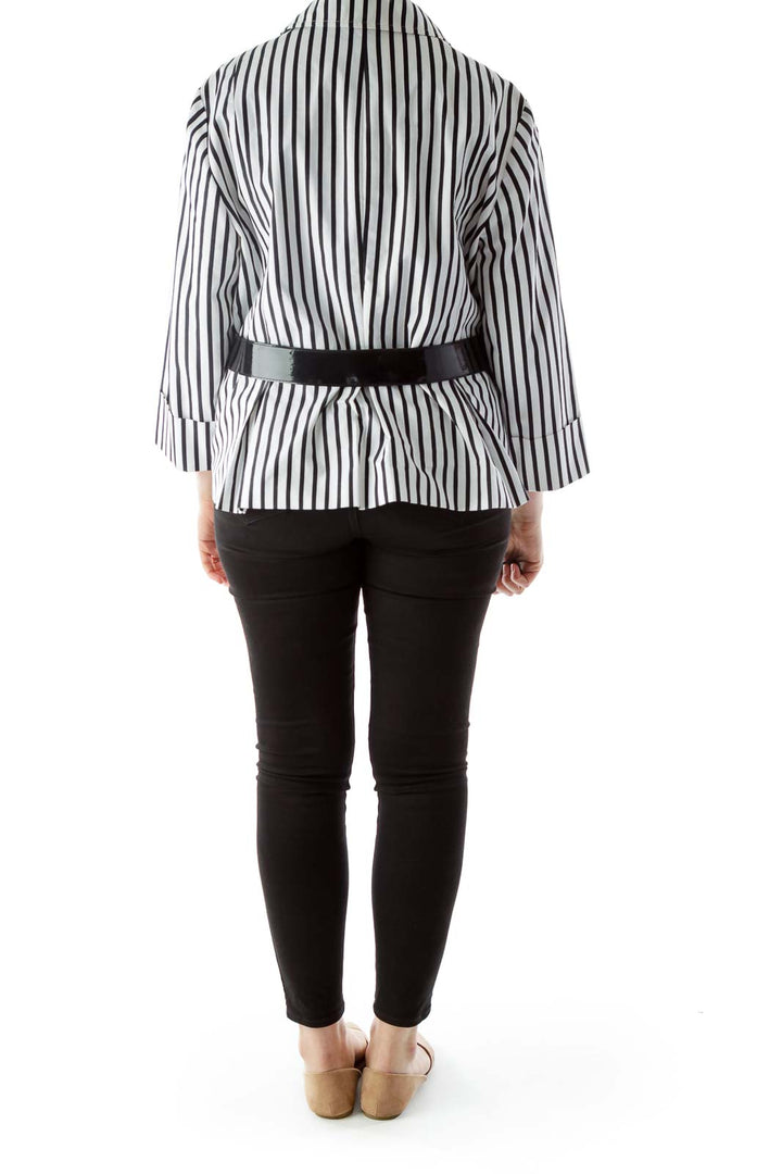 Black White Striped Belted Jacket