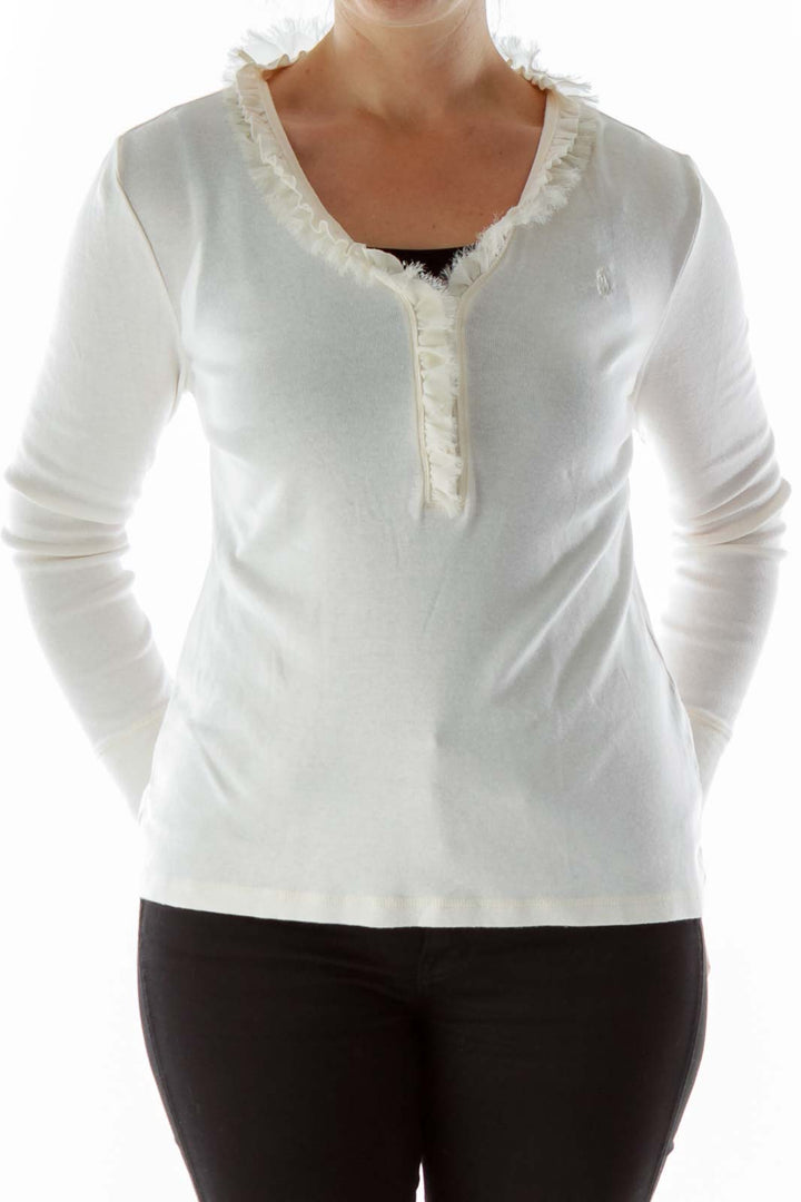 Cream Long-Sleeve Top with Ruffled Neckline