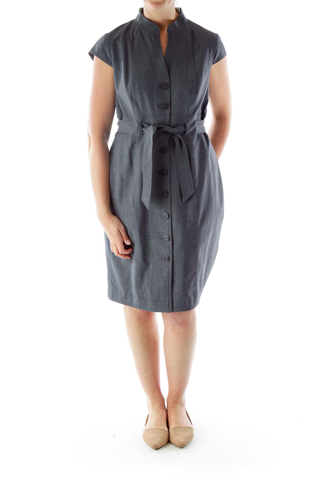 Gray Buttoned V-Neck Belted Work Dress