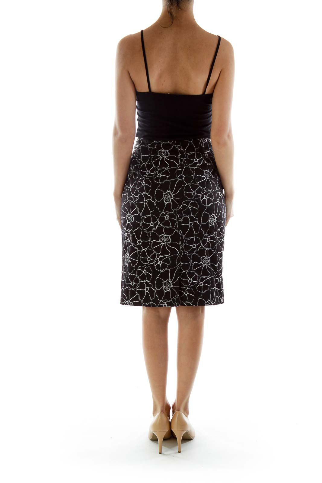 Black White Embroidered Flower Pencil Skirt