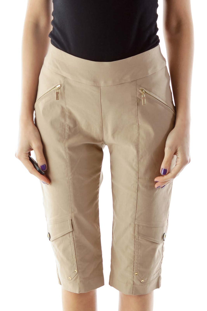 Beige Pocketed Cropped Pants with Elastic Waistband