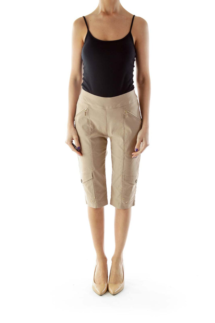 Beige Pocketed Cropped Pants with Elastic Waistband