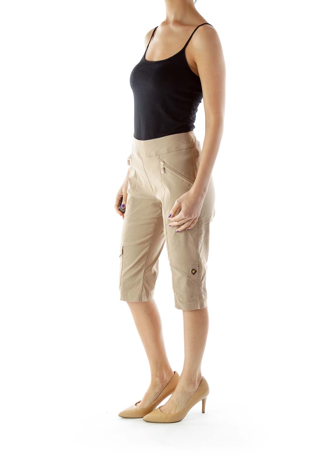 Beige Pocketed Cropped Pants with Elastic Waistband