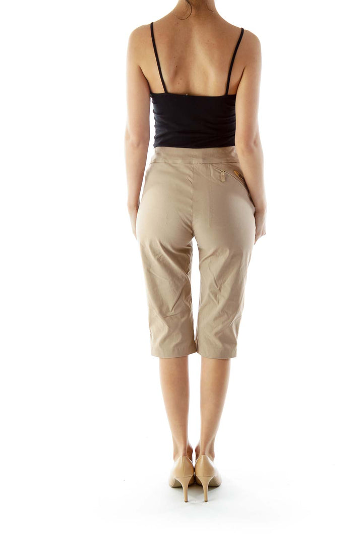 Beige Pocketed Cropped Pants with Elastic Waistband