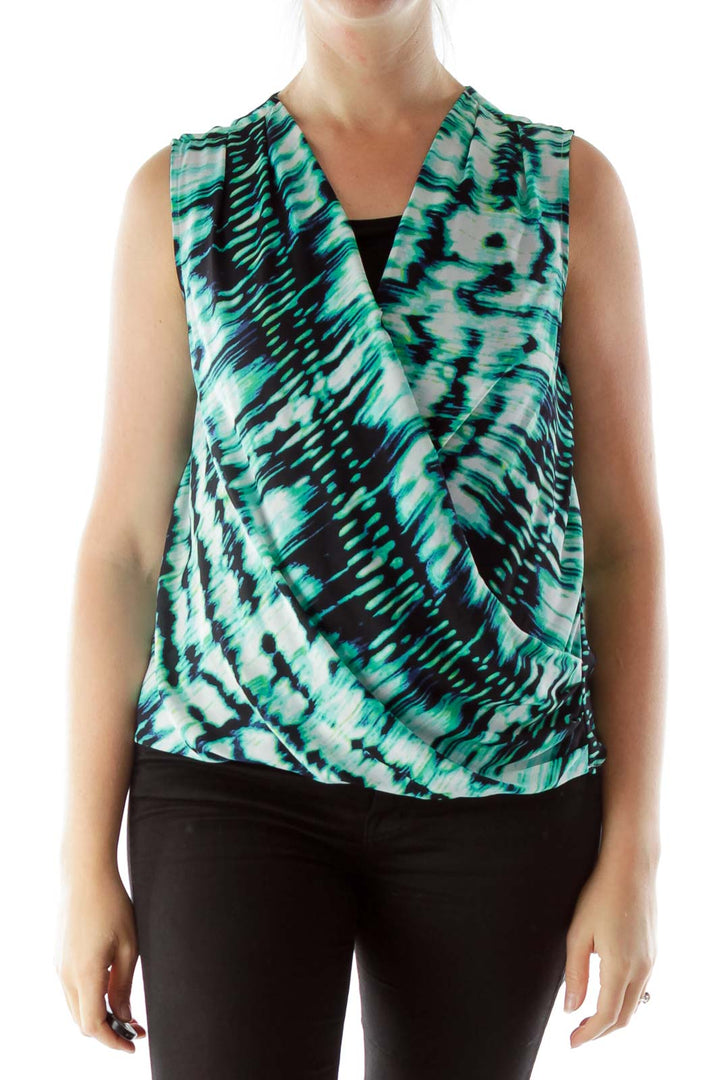 Green Black White Buttoned Print Wrap Blouse