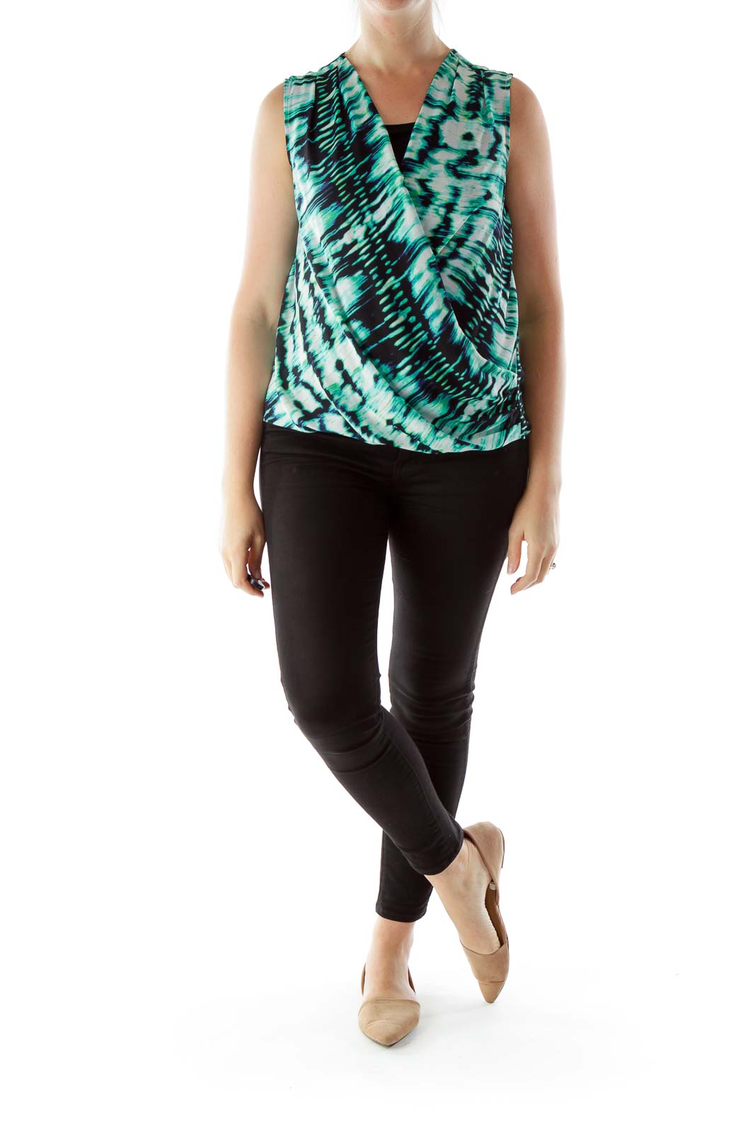 Green Black White Buttoned Print Wrap Blouse