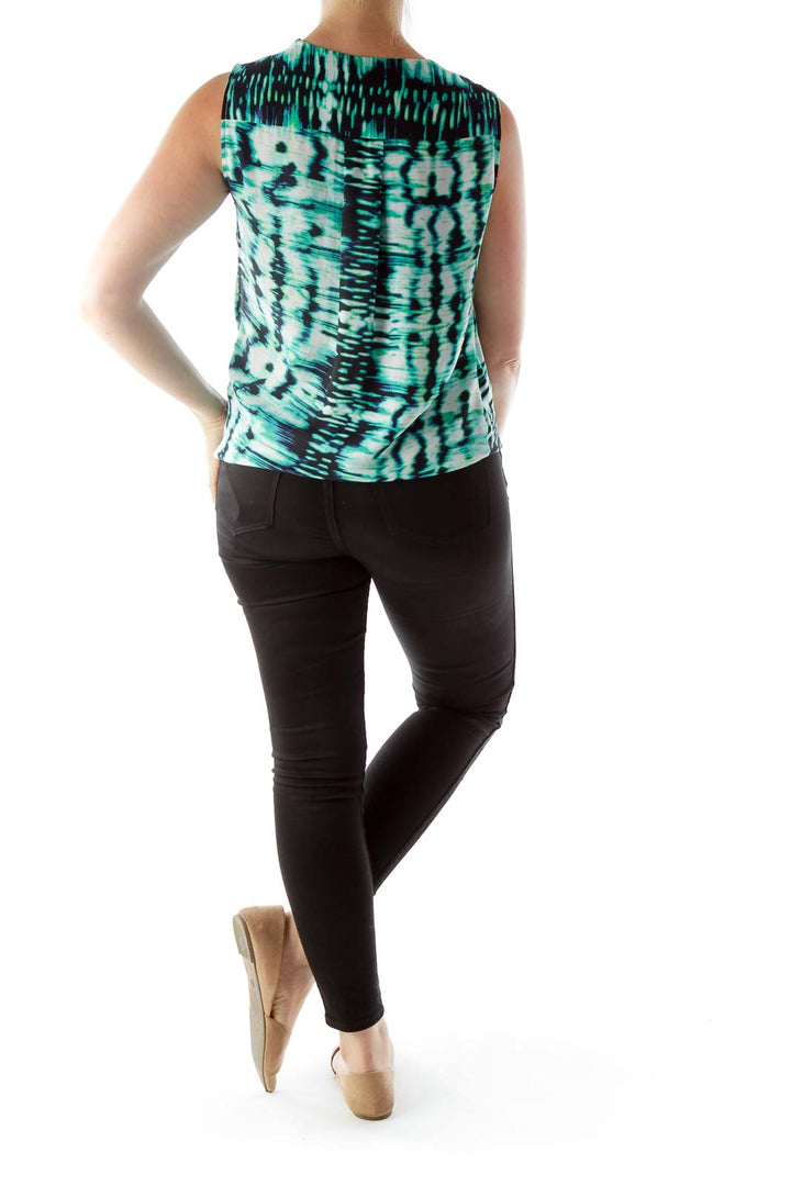 Green Black White Buttoned Print Wrap Blouse