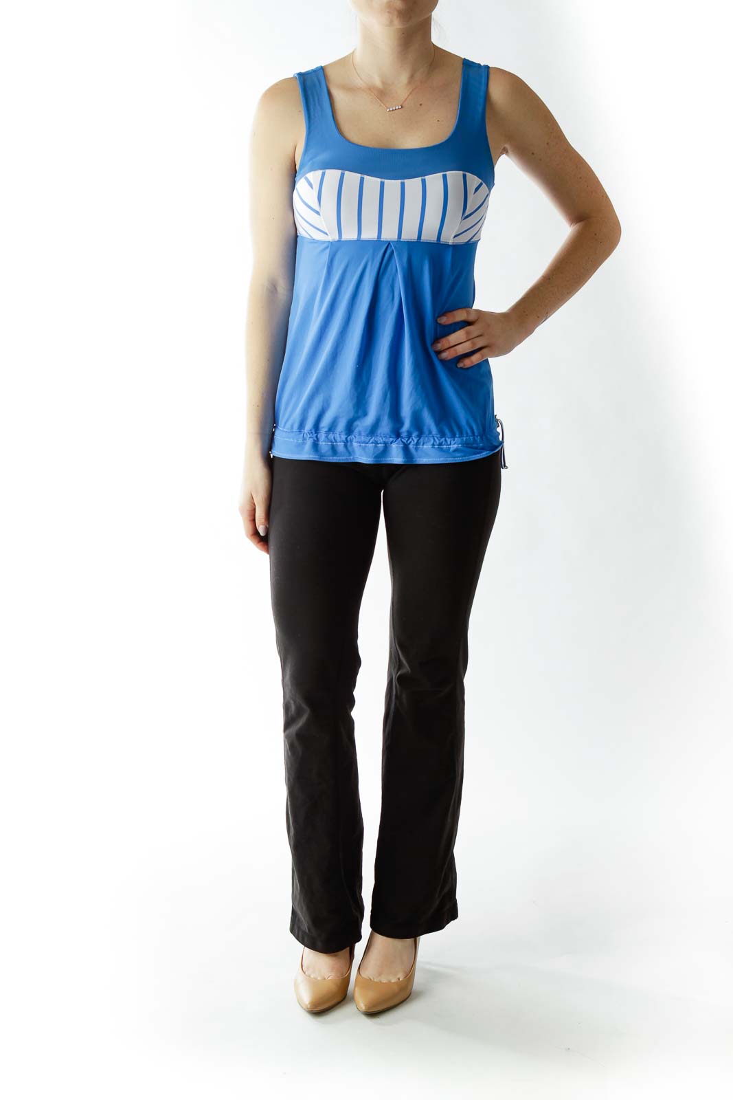 Blue White Striped Color Block Yoga Top