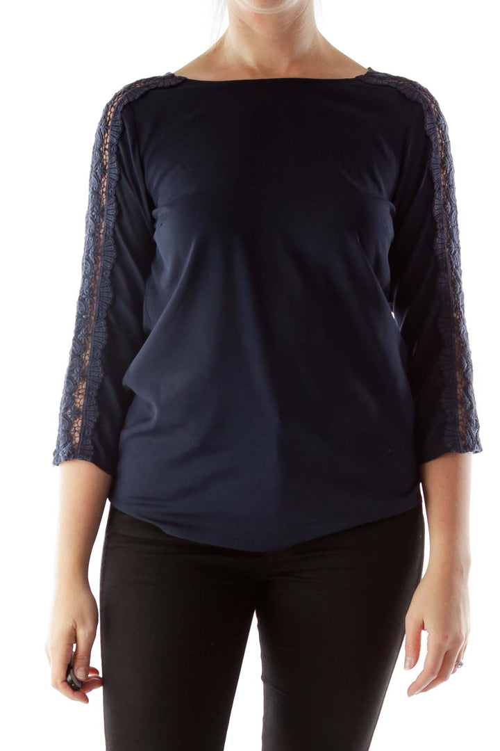 Navy Loose Blouse with Lace-Detailed Three-Quarter Sleeves