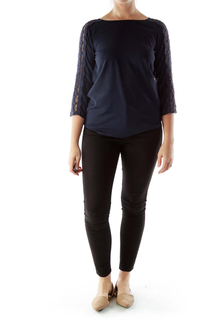 Navy Loose Blouse with Lace-Detailed Three-Quarter Sleeves