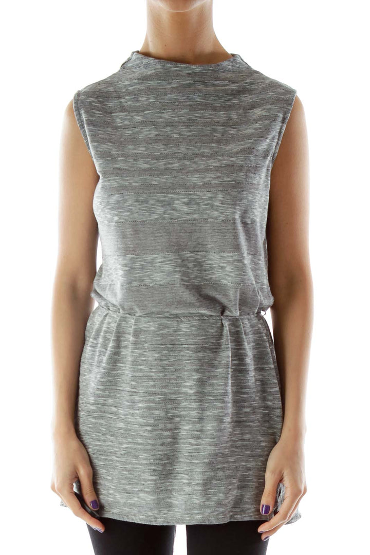 Gray Slitted Sleeveless Blouse with High Neck