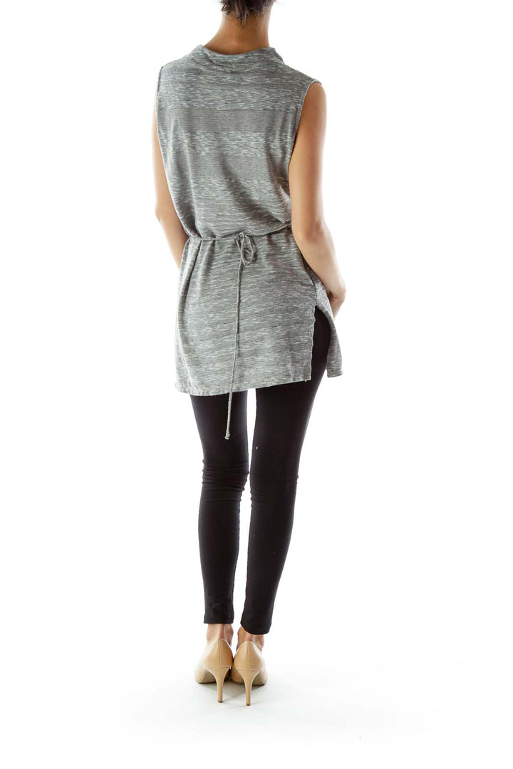 Gray Slitted Sleeveless Blouse with High Neck